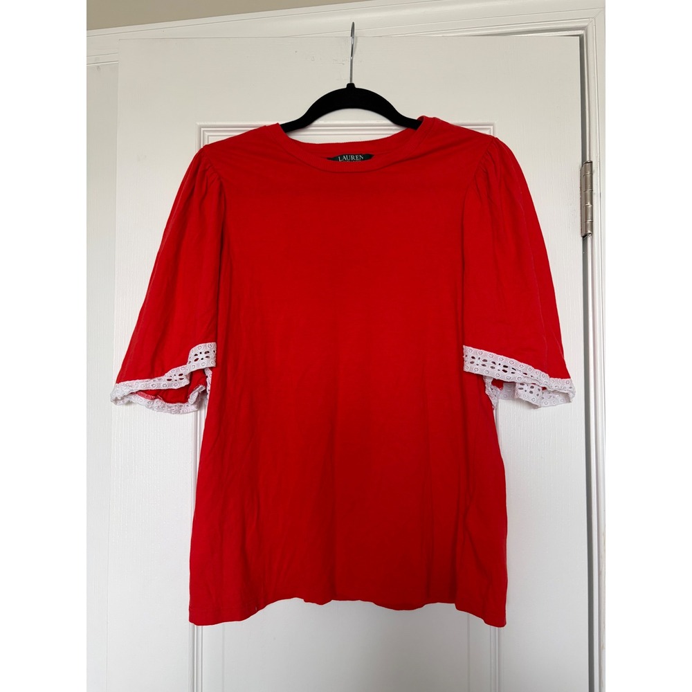 Lauren Ralph Lauren Red Puff Sleeve Eyelet Lace Trim Top XS